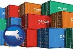 massachusetts map icon and colorful freight cargo containers